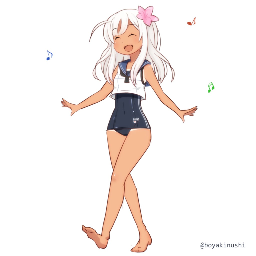 1girl barefoot beamed_sixteenth_notes black_swimsuit blonde_hair closed_eyes commentary_request crop_top eighth_note flower full_body hair_flower hair_ornament happy kantai_collection long_hair musical_note one-piece_tan open_mouth ro-500_(kantai_collection) sailor_collar school_swimsuit simple_background smile solo swimsuit swimsuit_under_clothes tan tanline uni_(gugurutan) walking white_background