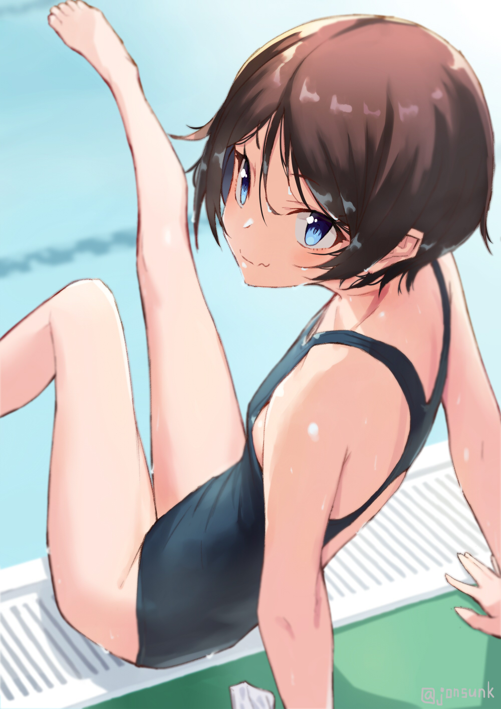 1girl arm_support bare_arms bare_legs bare_shoulders barefoot black_hair black_swimsuit blue_eyes blush character_request closed_mouth commentary_request competition_swimsuit flat_chest from_behind highres jonsun leaning_back legs_up looking_at_viewer looking_back one-piece_swimsuit outstretched_leg pool short_hair sitting smile solo ssss.gridman swimsuit twitter_username water water_drop