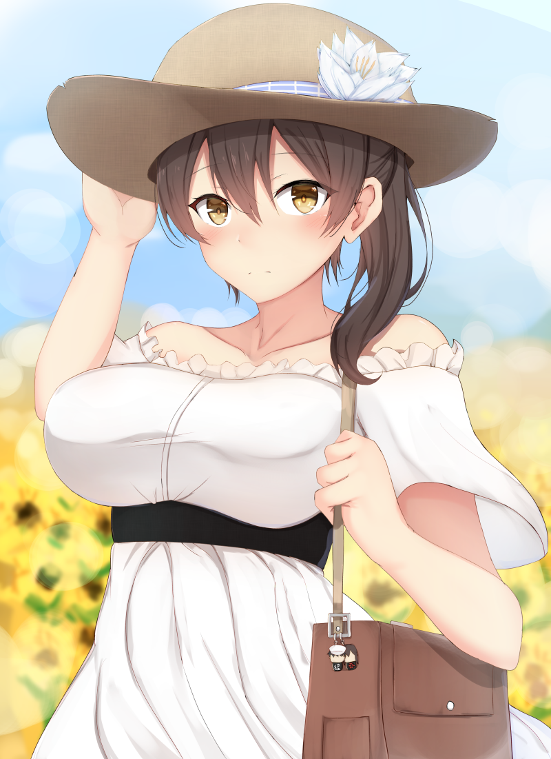 1girl adjusting_clothes adjusting_hat admiral_(kantai_collection) akagi_(kantai_collection) alternate_costume bag bare_shoulders blue_sky blurry blurry_background blush breasts brown_eyes brown_hair brown_headwear character_doll chiyo_(pk19981234) closed_mouth collarbone day dress eyebrows_visible_through_hair eyes_visible_through_hair female flower hair_between_eyes hair_ornament hand_up hat hat_flower kaga_(kantai_collection) kantai_collection keychain large_breasts looking_at_viewer neck off-shoulder_dress off_shoulder outdoors short_hair short_sleeves shy side_ponytail sky standing straw_hat sunflower upper_body white_dress white_flower yellow_flower