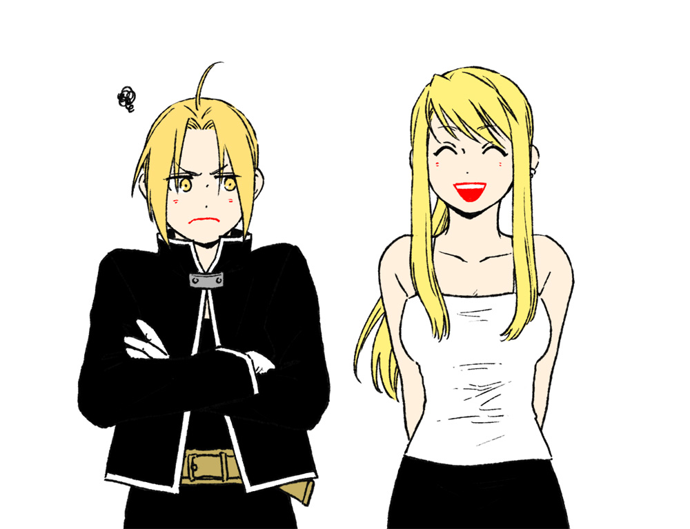 &gt;:( 1boy 1girl :d ^_^ arms_behind_back bangs bare_arms bare_shoulders belt black_jacket blonde_hair breasts closed_eyes closed_eyes crossed_arms edward_elric eyebrows_visible_through_hair floating_hair frown fullmetal_alchemist gloves hanayama_(inunekokawaii) happy jacket long_hair medium_breasts open_mouth shirt simple_background sleeveless sleeveless_shirt smile squiggle upper_body v-shaped_eyebrows white_background white_gloves white_shirt winry_rockbell yellow_eyes