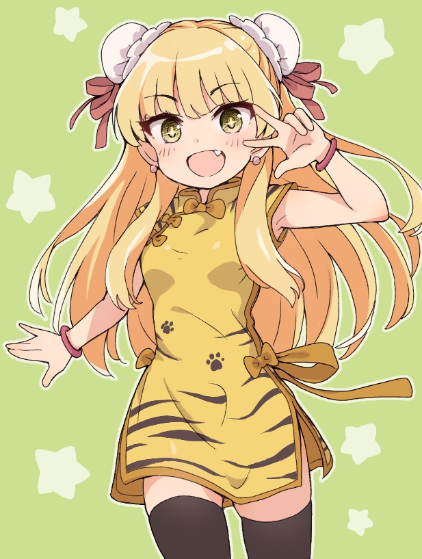 +_+ 1girl :d animal_print black_legwear blonde_hair blush bow breasts bun_cover chinese_clothes ddak5843 double_bun dress earrings fang green_background hair_down hand_up idolmaster idolmaster_cinderella_girls jewelry jougasaki_rika long_hair looking_at_viewer open_mouth orange_bow print_dress simple_background small_breasts smile solo star starry_background thigh-highs tiger_print v_over_eye very_long_hair yellow_dress yellow_eyes