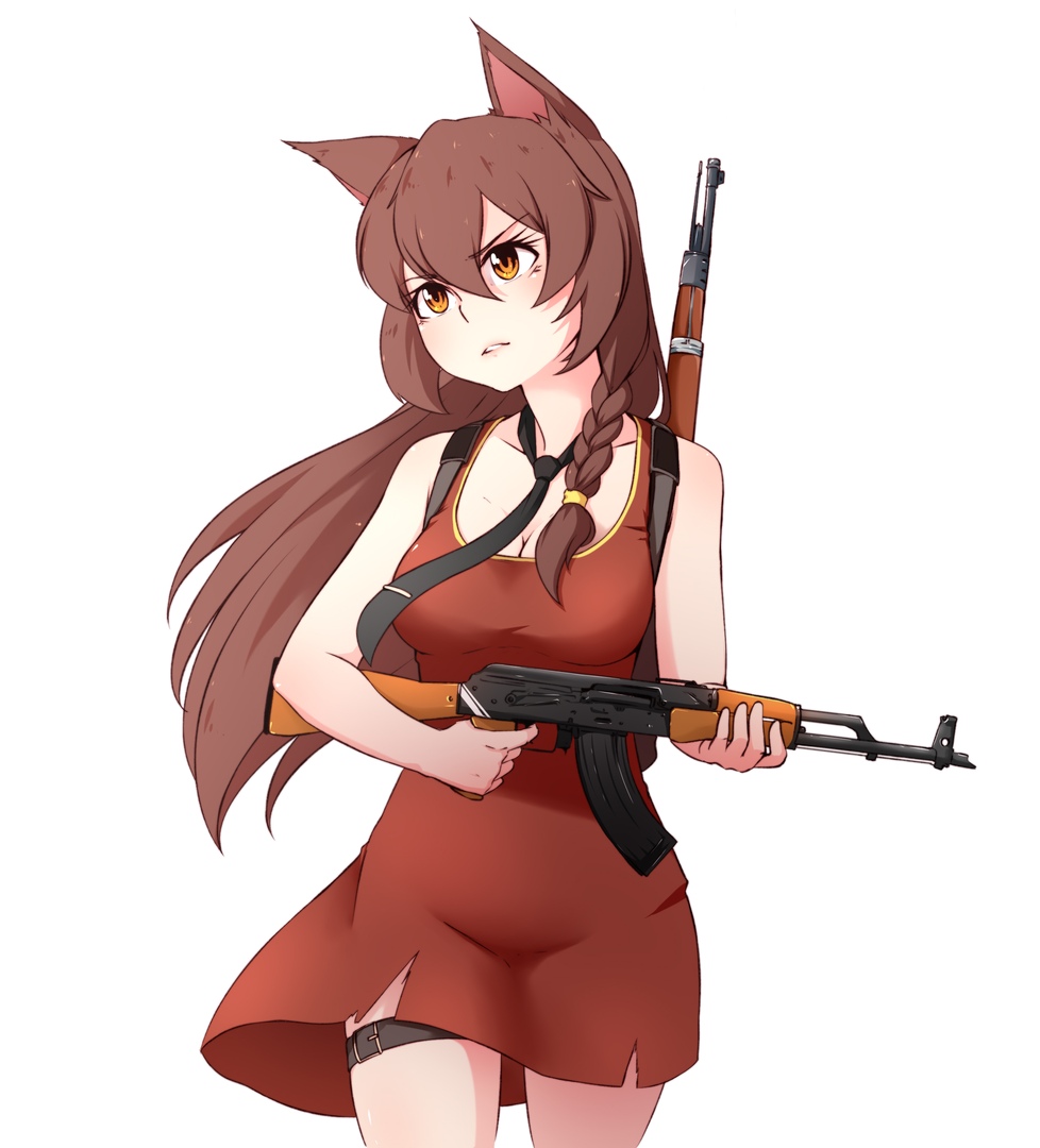 1girl 2ch.ru ak-47 animal_ears assault_rifle backpack bag bandage bolt_action braid breasts brown_hair cat_ears cat_tail deredereday everlasting_summer gun holding holding_gun holding_weapon long_hair mosin-nagant open_mouth playerunknown's_battlegrounds ribbon rifle simple_background solo tail uvao-tan weapon white_background yellow_eyes