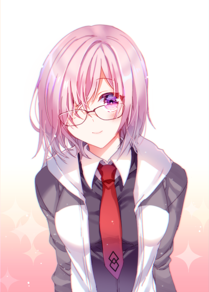 1girl black-framed_eyewear collared_shirt eyebrows_visible_through_hair fate/grand_order fate_(series) glasses gradient gradient_background hair_over_one_eye jacket long_sleeves looking_at_viewer mash_kyrielight necktie open_clothes open_jacket pink_background pink_hair red_neckwear shirt short_hair silverplatin smile solo standing upper_body violet_eyes white_background white_shirt wing_collar