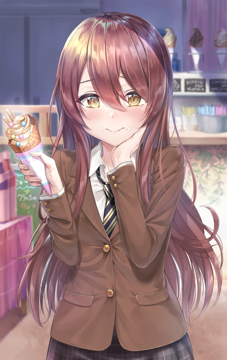 1girl bangs blush breasts brown_hair brown_jacket collared_shirt cream cream_on_face day eating eyebrows_visible_through_hair food food_on_face grey_skirt hair_between_eyes hand_on_own_cheek highres ice_cream_cone idolmaster idolmaster_shiny_colors indoors jacket long_hair long_sleeves looking_at_viewer medium_breasts mintol_(qool+) necktie oosaki_tenka plaid plaid_skirt pleated_skirt school_uniform shirt skirt smile solo white_shirt yellow_eyes