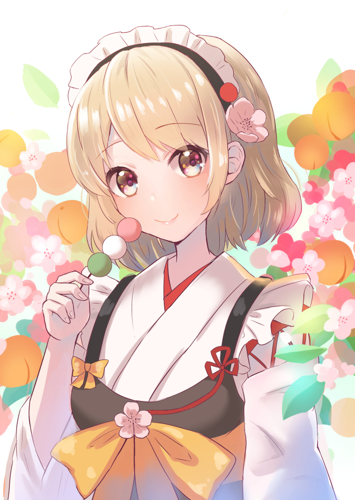 1girl apricot_(flower_knight_girl) apricot_(fruit) bangs blonde_hair blush bow breastplate commentary cowboy_shot cross-laced_clothes dango disconnected_mouth eyebrows_visible_through_hair floral_background flower flower_knight_girl food frilled_sleeves frills grey_eyes hair_flower hair_ornament holding holding_food kusumoto_miya leaf lips long_sleeves looking_at_viewer maid_headdress pink_flower pink_lips sanshoku_dango shirt short_hair smile solo standing wa_maid wagashi white_shirt wide_sleeves yellow_bow