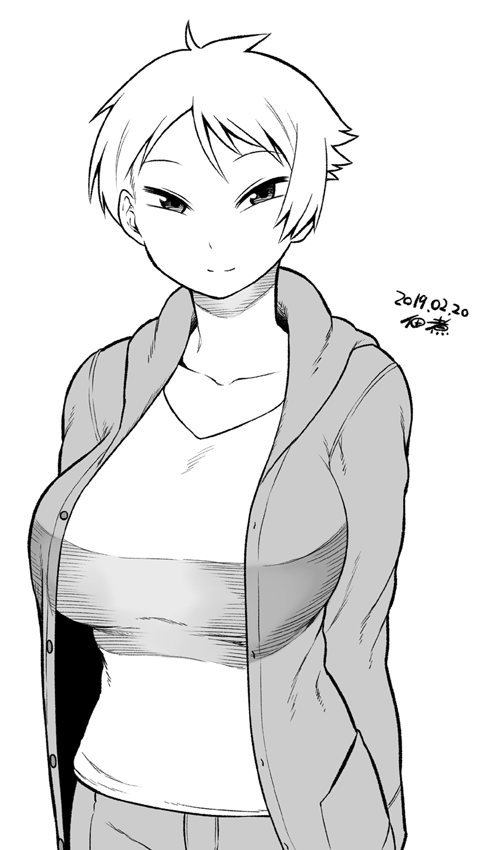 1girl arms_behind_back breasts casual collarbone dated hood hoodie large_breasts looking_at_viewer monochrome open_clothes open_hoodie original pants short_hair smile solo sweater tsukudani_(coke-buta) tsurime tsurime-chan v-neck