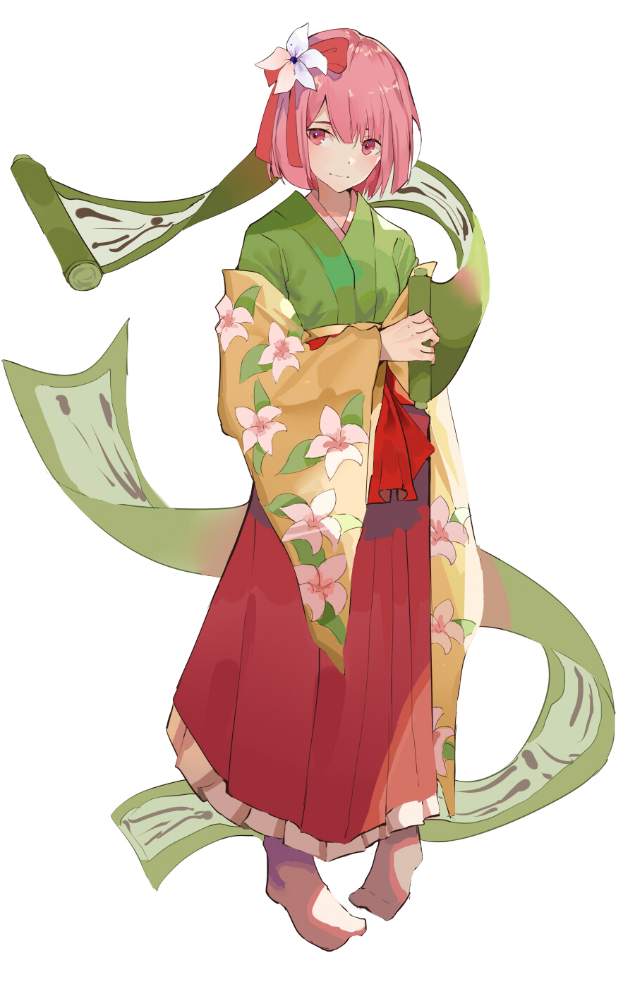 1girl ai-chan_(pixiv29351299) bow flower full_body hair_flower hair_ornament hakama hanging_scroll highres japanese_clothes kimono pink_eyes pink_hair red_bow red_hakama scroll short_hair simple_background solo standing touhou white_background wide_sleeves