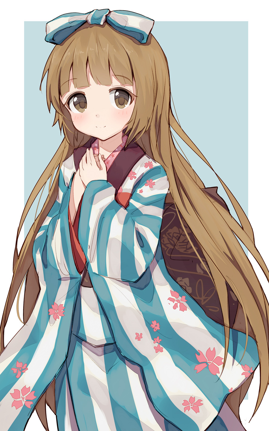 1girl back_bow bangs blue_bow blue_kimono blunt_bangs blush bow brown_eyes brown_hair closed_mouth eyebrows_visible_through_hair floral_print hair_bow hands_together highres idolmaster idolmaster_cinderella_girls japanese_clothes kimono long_hair long_sleeves looking_at_viewer shone smile solo standing striped striped_bow striped_kimono vertical-striped_kimono vertical_stripes very_long_hair wide_sleeves yorita_yoshino