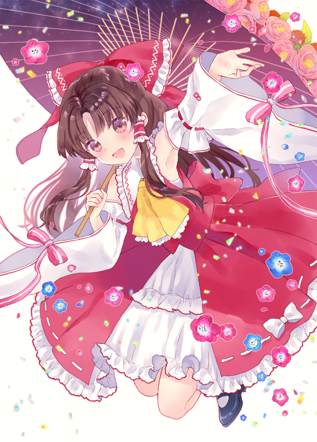 1girl :d adapted_costume ascot back_bow black_footwear bow brown_eyes brown_hair camellia confetti detached_sleeves flower frilled_bow frilled_skirt frills full_body hair_bow hair_flower hair_ornament hair_tubes hakurei_reimu holding holding_umbrella long_hair long_sleeves looking_at_viewer mary_janes nemophila_(flower) nontraditional_miko open_mouth oriental_umbrella outstretched_arm petals red_bow red_skirt ribbon ribbon-trimmed_clothes ribbon_trim shoes skirt skirt_set smile socks solo torii_sumi touhou umbrella white_background wide_sleeves yellow_neckwear