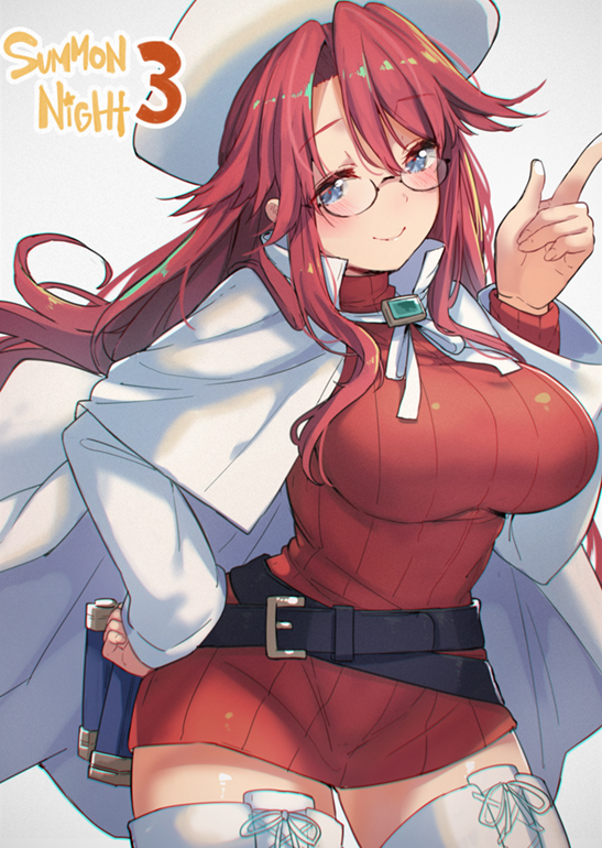 1girl aty_(summon_night) belt beret blue_eyes boots breasts cape commentary_request cross-laced_footwear dress glasses haruken hat large_breasts long_hair loose_belt red_sweater redhead ribbed_sweater solo summon_night summon_night_3 sweater thigh-highs thigh_boots turtleneck white_footwear