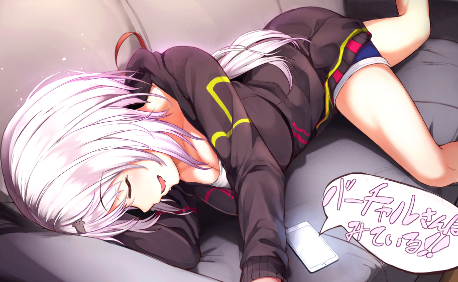 1girl 8gou breasts cellphone cleavage closed_eyes couch hair_ornament hairclip hood hoodie long_hair long_sleeves lying medium_breasts nijisanji on_side open_mouth parted_lips phone pink_hair shiina_yuika shorts sleeping smartphone smile solo virtual_youtuber