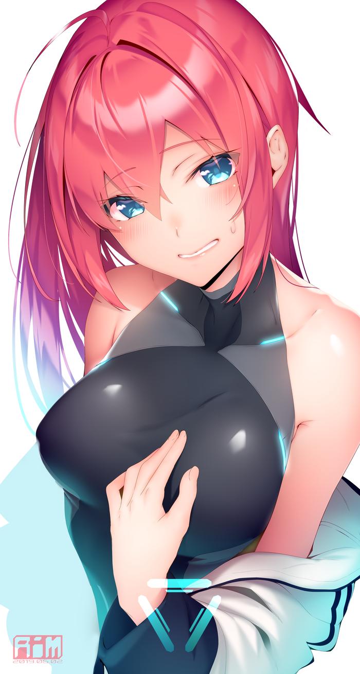 1girl 2019 ahoge bare_shoulders blue_eyes blush bodysuit breasts character_request commentary copyright_request dated dutch_angle erect_nipples grimace hand_on_own_chest highres off_shoulder pink_hair ryuji_(ikeriu) solo white_background