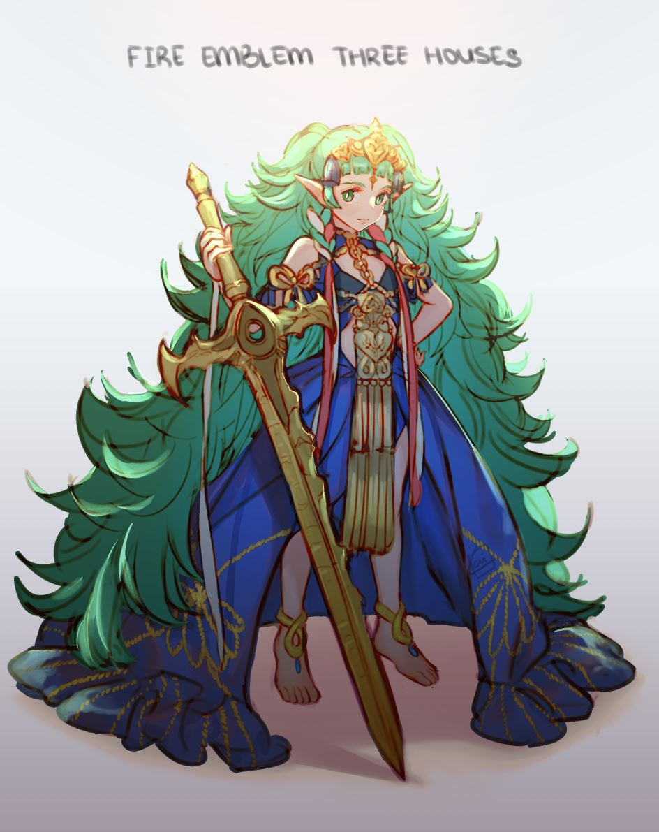 1girl barefoot braid cape fire_emblem fire_emblem:_three_houses full_body gem green_eyes green_hair hair_ornament jewelry krazehkai long_hair looking_at_viewer mamkute multicolored_hair nintendo pointy_ears simple_background solo sothis sword tiara twin_braids twintails weapon white_background