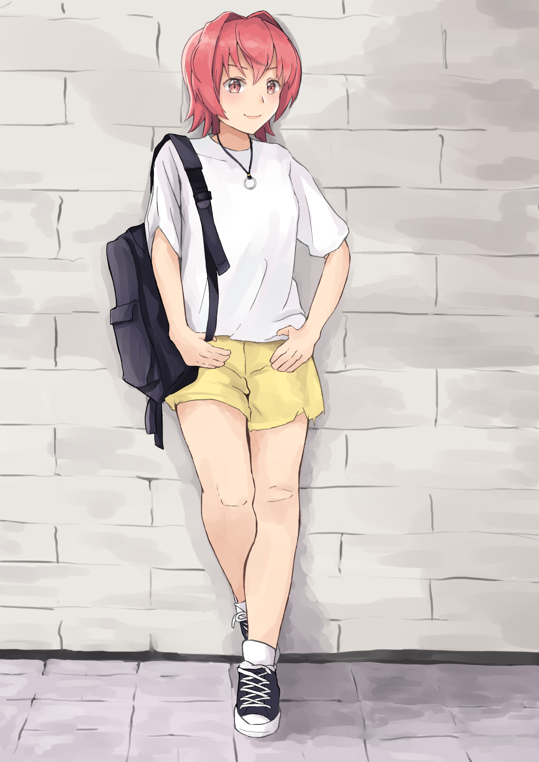 1girl alternate_costume black_backpack black_footwear commentary_request full_body highres jewelry kantai_collection kinu_(kantai_collection) looking_to_the_side nakano_kiho necklace pants red_eyes redhead shirt shoes short_hair short_sleeves shorts smile sneakers solo thighs white_shirt yellow_pants