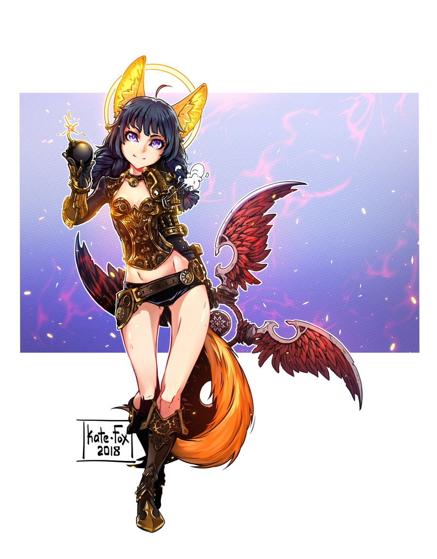 1girl 2018 animal_ears arm_behind_back arm_up armor artist_name belt black_gloves black_hair black_shorts bomb boots braid breastplate brown_footwear choker dated dog_ears dog_tail elbow_gloves elin_(tera) full_body gloves gluteal_fold halo holding huge_weapon kate-fox knee_boots latex_shorts long_hair midriff pink_eyes short_shorts shorts shuriken smile solo tail tera_online thigh_gap twin_braids twintails weapon