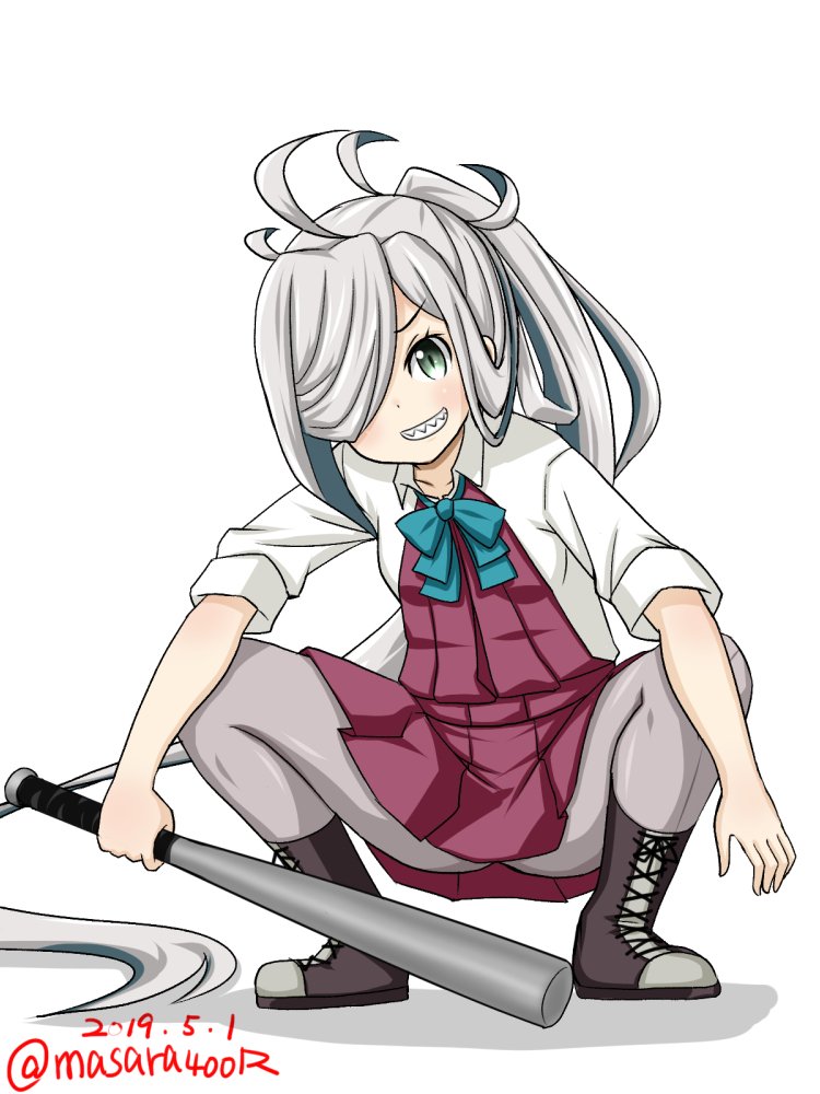 1girl ahoge asashimo_(kantai_collection) baseball_bat boots commentary_request cross-laced_footwear dated green_eyes grey_legwear grin hair_over_one_eye halterneck kantai_collection lace-up_boots long_hair looking_at_viewer masara_(masalucky2010) pantyhose ponytail school_uniform sharp_teeth shirt silver_hair simple_background smile solo squatting teeth twitter_username white_background white_shirt