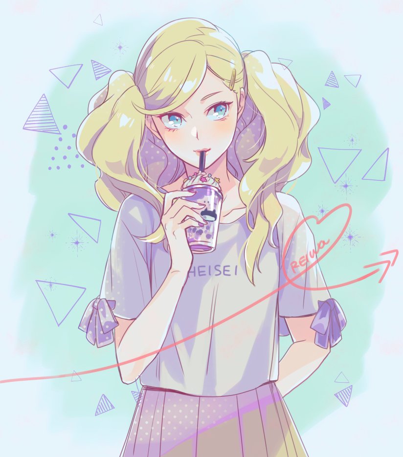 1girl animal_print aruba atlus blonde_hair blue_eyes blush cat_print drink long_hair megami_tensei milkshake morgana_(persona_5) persona persona_5 shirt simple_background solo sweater takamaki_anne twintails