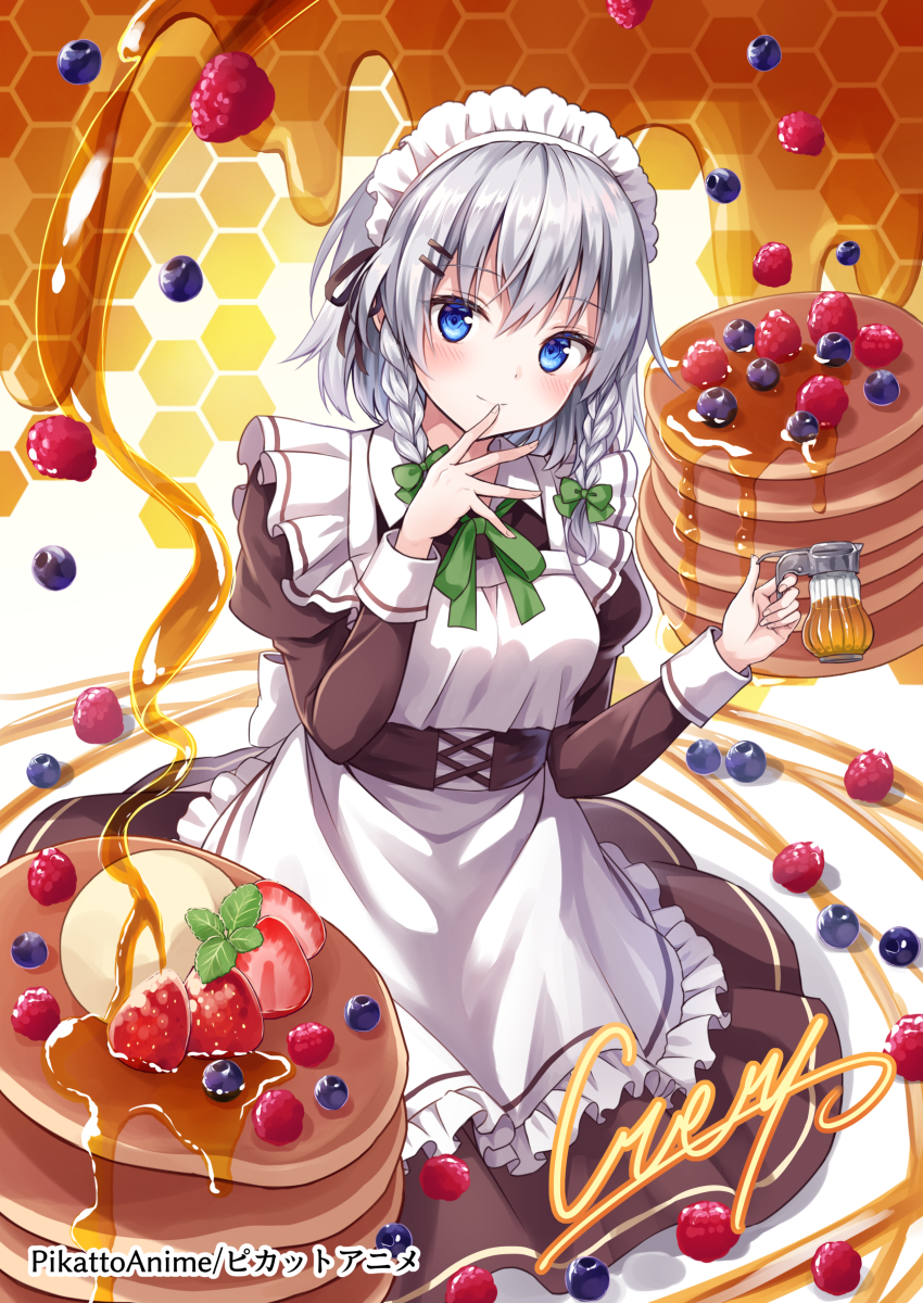 1girl alternate_costume apron blue_eyes blueberry blush bow braid brown_dress dress finger_to_mouth food frilled_apron frills fruit green_bow hair_bow hair_ornament hairclip highres holding honey honeycomb_(pattern) izayoi_sakuya juliet_sleeves kure~pu long_sleeves looking_at_viewer maid maid_apron maid_headdress mint neck_ribbon pancake puffy_sleeves raspberry ribbon short_hair side_braid signature silver_hair sitting solo stack_of_pancakes strawberry touhou twin_braids