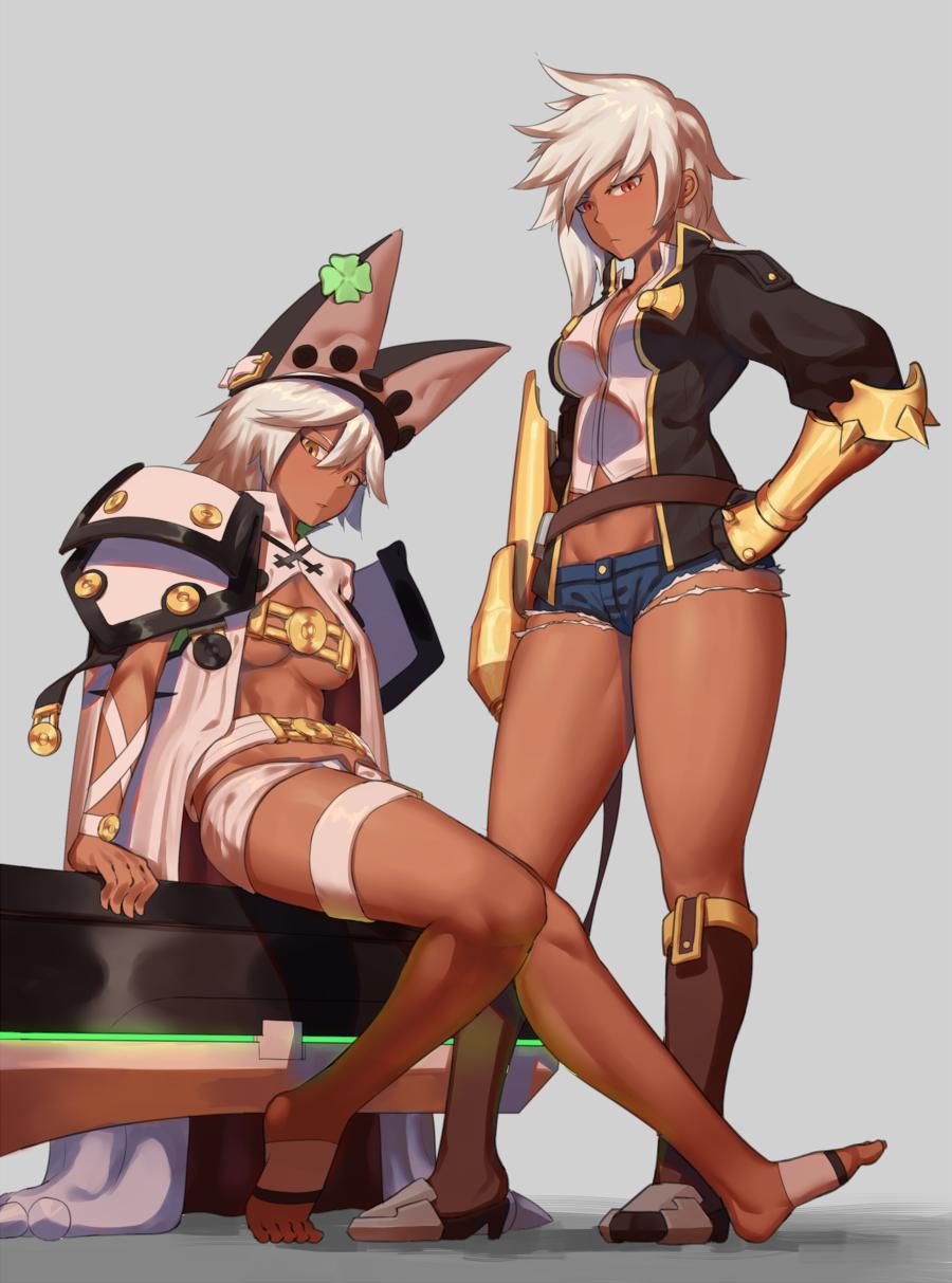 2girls belt beltbra blazblue blazblue:_chronophantasma breasts bullet_(blazblue) cape cleavage clover commentary_request creature dark_skin denim denim_shorts four-leaf_clover full_body gauntlets gloves guilty_gear guilty_gear_xrd hair_between_eyes hat highres huge_weapon jacket looking_at_viewer medium_breasts multiple_girls open_clothes orange_eyes ramlethal_valentine short_hair short_shorts shorts simple_background sitting suwaiya thick_thighs thigh_strap thighs under_boob weapon white_hair yellow_eyes