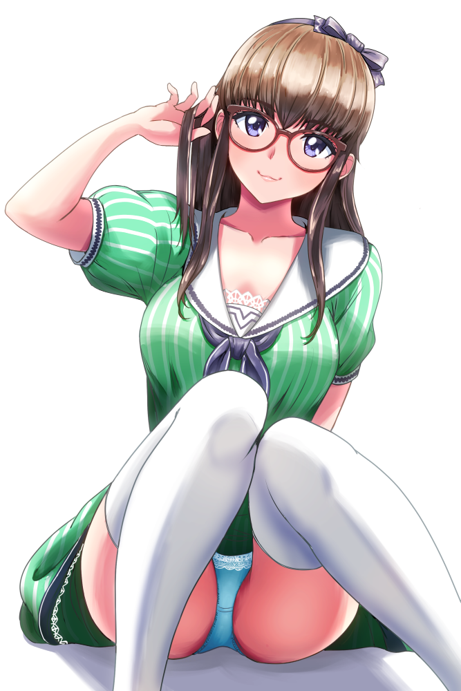 1girl alternate_costume arm_up bangs black_ribbon blue_eyes blue_panties blush breasts brown_hair cleavage closed_mouth collarbone commentary_request crotch_seam dead_or_alive dead_or_alive_6 dress eyebrows_visible_through_hair glasses green_dress hair_ornament hair_ribbon hand_in_hair hiroyama_(hpzg5374) hitomi_(doa) knees_up long_hair looking_at_viewer medium_breasts panties pantyshot pantyshot_(standing) puffy_sleeves red-framed_eyewear ribbon sailor_collar shadow short_sleeves sidelocks sitting smile solo standing thigh-highs underwear white_background white_legwear white_sailor_collar