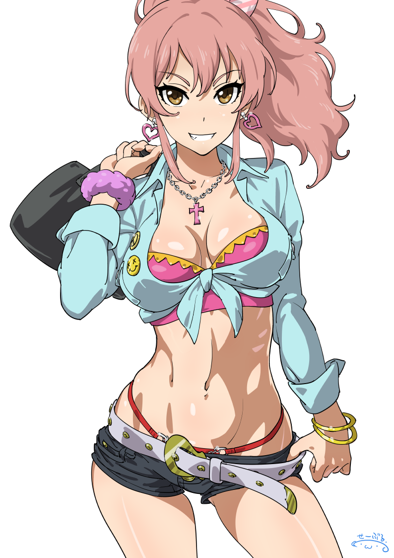 1girl bag belt bracelet breasts cleavage commentary_request cross earrings eyebrows_visible_through_hair front-tie_top grin heart heart_earrings holding holding_bag idolmaster idolmaster_cinderella_girls jewelry jougasaki_mika legs_apart long_hair looking_at_viewer medium_breasts midriff navel necklace parted_lips pendant pink_hair purple_scrunchie revision scrunchie shiny shiny_skin shirt short_shorts shorts simple_background smile solo standing suna thong tied_shirt white_background wrist_scrunchie