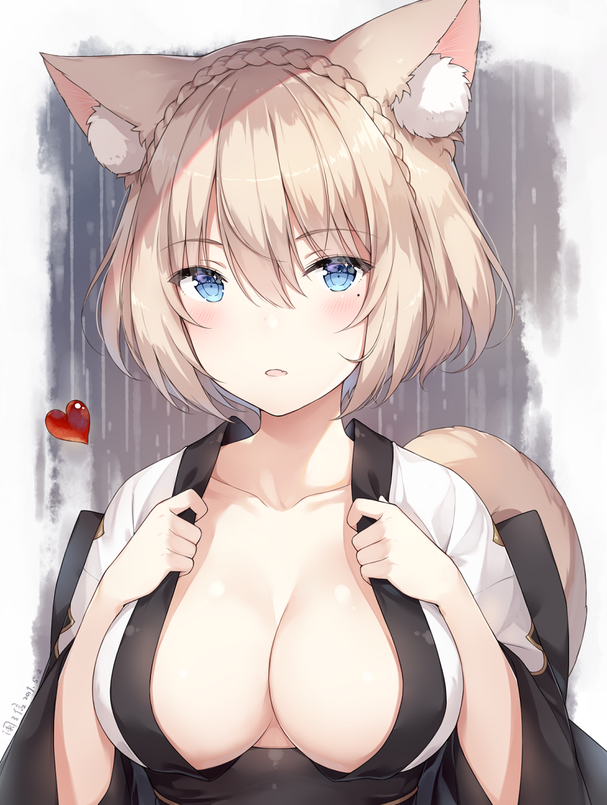 1girl animal_ear_fluff animal_ears ayuanlv bangs blush braid breasts cat_ears cleavage collarbone commentary crown_braid dated eyebrows_visible_through_hair final_fantasy final_fantasy_xiv hair_between_eyes hands_up heart light_brown_hair long_sleeves looking_at_viewer medium_breasts miqo'te mole mole_under_eye open_clothes open_shirt shirt short_hair signature solo tail_raised white_shirt wide_sleeves