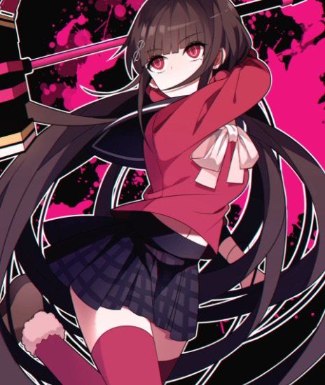 1girl bangs black_hair dangan_ronpa hair_ornament harukawa_maki long_hair mole mole_under_eye new_dangan_ronpa_v3 pleated_skirt qiaoxing red_eyes red_scrunchie school_uniform scrunchie serafuku shirt simple_background skirt thigh-highs twintails very_long_hair