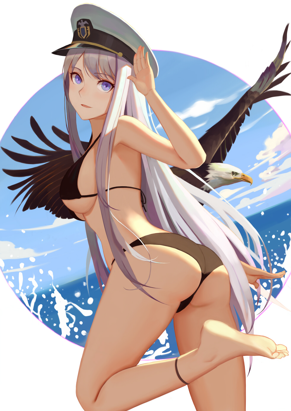 1girl ass azur_lane bald_eagle barefoot bikini bird black_bikini blue_sky breasts cowboy_shot day eagle enterprise_(azur_lane) from_behind hat highres horizon kamikakushi_no_ocarino large_breasts long_hair looking_at_viewer looking_back ocean peaked_cap revision salute silver_hair sky standing standing_on_one_leg swimsuit violet_eyes white_headwear