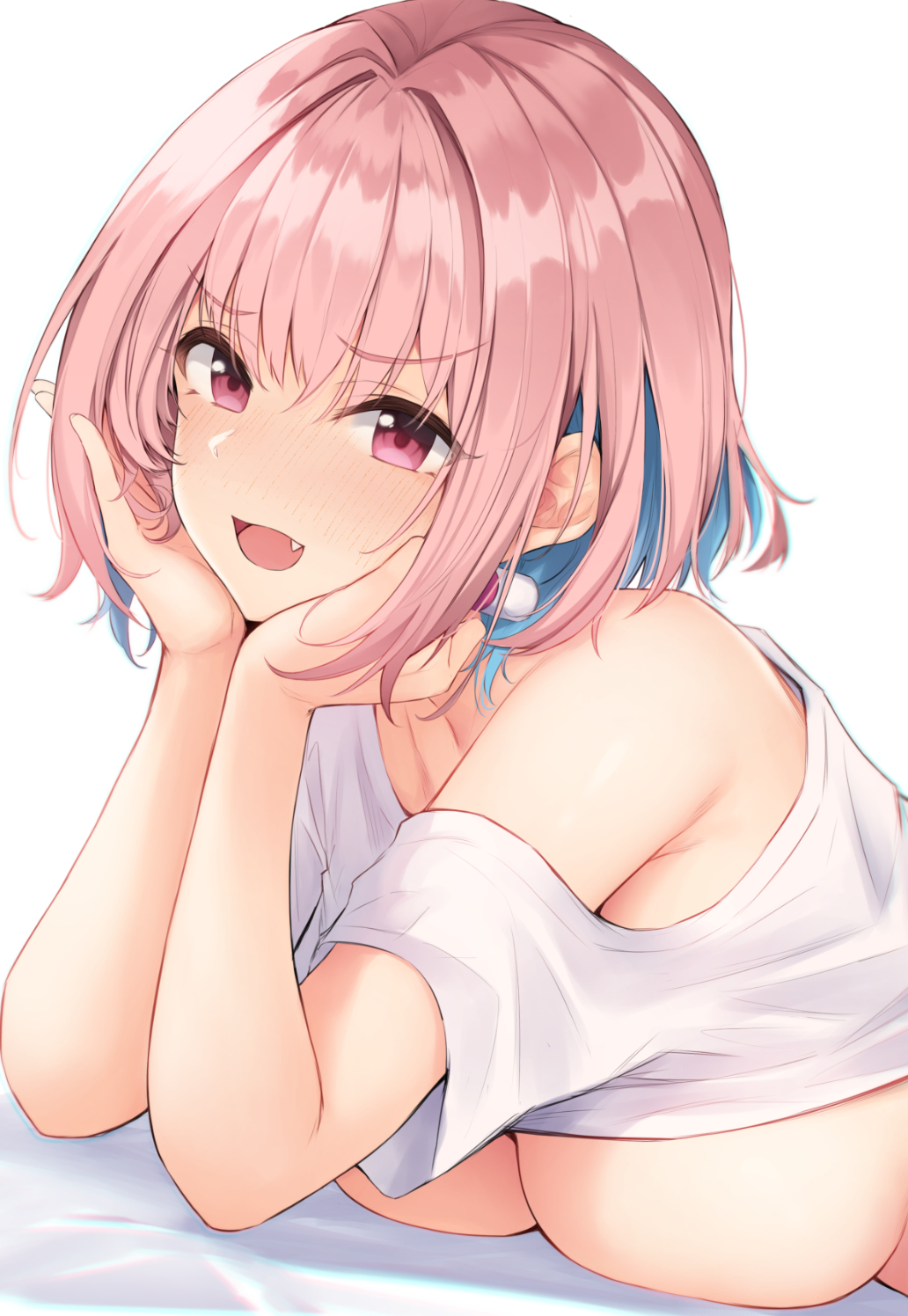 1girl :d ahoge anza_tomo bare_arms bare_shoulders blush breasts collarbone commentary eyebrows_visible_through_hair fang fang_out head_in_hand highres idolmaster idolmaster_cinderella_girls large_breasts looking_at_viewer multicolored_hair open_mouth pink_hair shirt shirt_pull short_hair short_sleeves smile solo two-tone_hair white_shirt yumemi_riamu