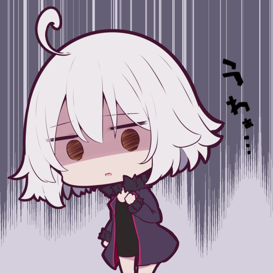 1girl ahoge bangs beni_shake black_dress brown_eyes chibi commentary_request dress eyebrows_visible_through_hair fate/grand_order fate_(series) fur-trimmed_jacket fur-trimmed_sleeves fur_trim gloom_(expression) hair_between_eyes jacket jeanne_d'arc_(alter)_(fate) jeanne_d'arc_(fate)_(all) long_sleeves looking_at_viewer open_clothes open_jacket purple_jacket silver_hair solo standing translation_request wicked_dragon_witch_ver._shinjuku_1999
