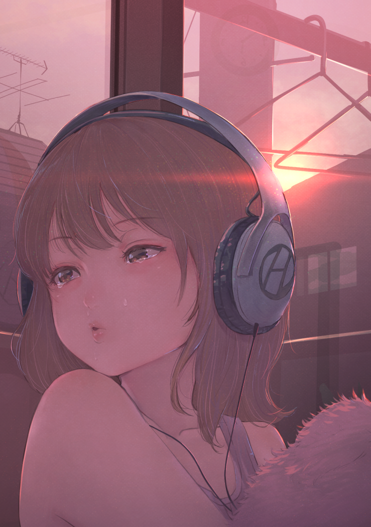 1girl bare_shoulders brown_eyes brown_hair clothes_hanger collarbone commentary_request grey_tank_top headphones house indoors looking_away looking_to_the_side original parted_lips radio_antenna solo sunset tank_top tears tomamatto upper_body window