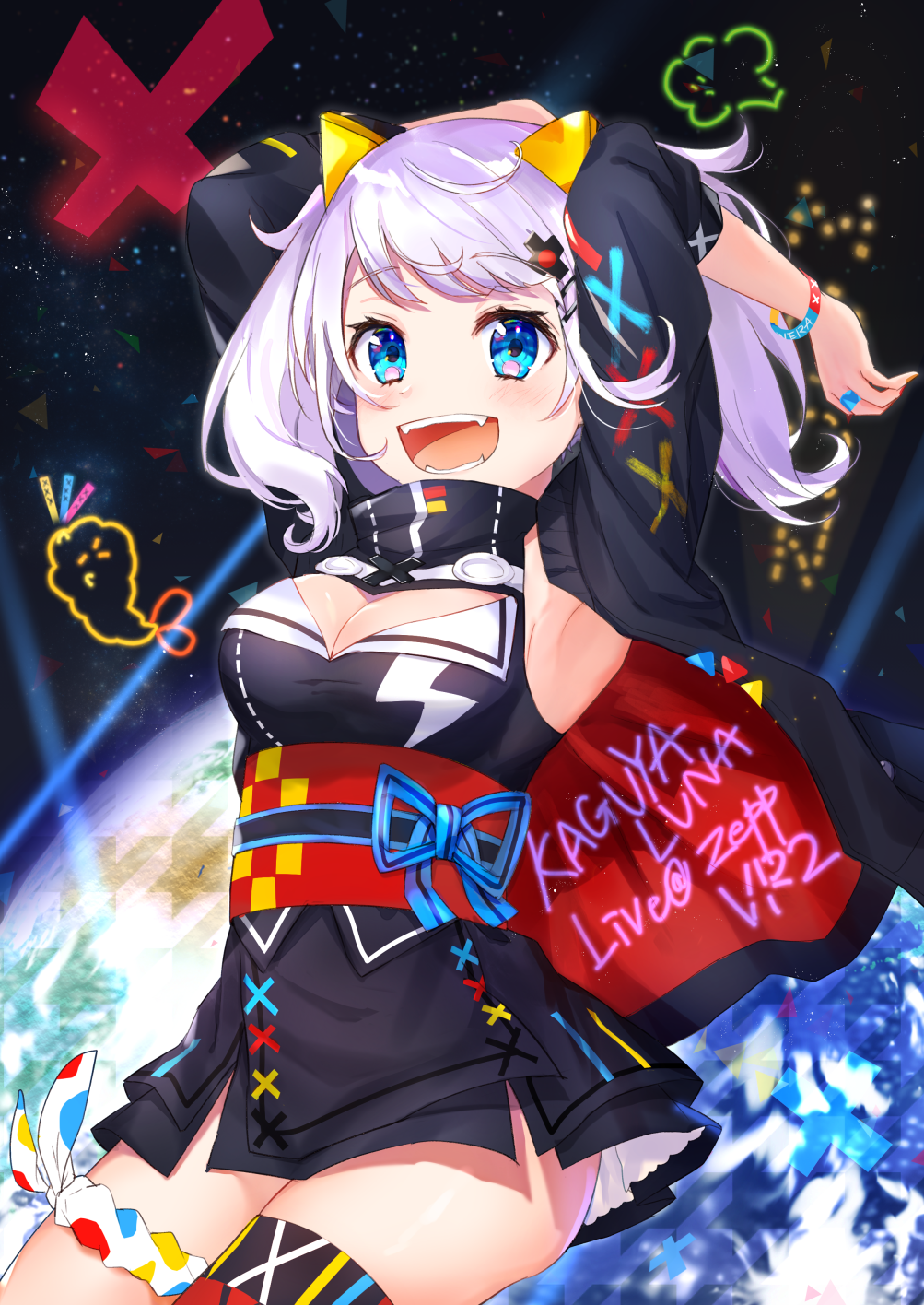 1girl :d armpits arms_up asymmetrical_legwear bangs black_dress black_jacket blue_eyes blush breasts character_name cleavage cleavage_cutout commentary_request dress earth eyebrows_visible_through_hair fangs hair_ornament hairclip highres jacket kaguya_luna large_breasts looking_at_viewer obi omelet_tomato open_clothes open_jacket open_mouth planet red_legwear sash short_dress silver_hair single_thighhigh sleeveless sleeveless_dress smile solo space star_(sky) the_moon_studio thigh-highs twintails virtual_youtuber x_hair_ornament