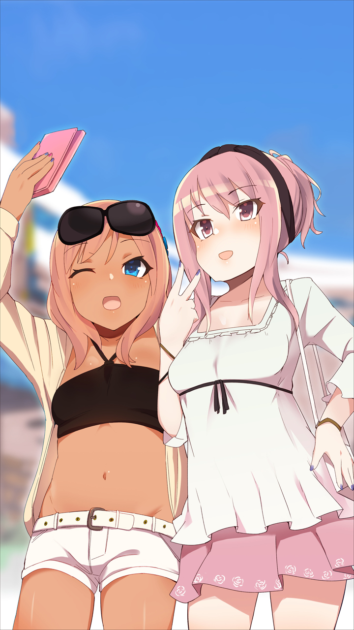2girls :d ;d alice_gear_aegis arm_up bag bandeau bangs black_bandeau black_hairband blue_eyes blue_sky blurry blurry_background blush brown_eyes brown_hair brown_jacket cellphone character_request commentary_request dark_skin day depth_of_field eyebrows_visible_through_hair eyewear_on_head fingernails groin hair_between_eyes hairband halter_top halterneck hand_up handbag highres hirasaka_yotsuyu holding holding_cellphone holding_phone jacket long_sleeves maze_(gochama_ze_gohan) midriff multiple_girls nail_polish navel one_eye_closed open_clothes open_jacket open_mouth outdoors phone pink_hair pink_skirt pleated_skirt ponytail purple_nails self_shot shirt short_shorts shorts shoulder_bag skirt sky smile sunglasses v white_shirt white_shorts