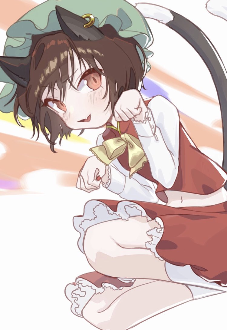 1girl :d abstract_background animal_ears blush brown_hair cat_ears cat_tail chen earrings fang feet_out_of_frame hat jewelry midriff mob_cap multiple_tails navel nekomata open_mouth paw_pose red_eyes red_skirt red_vest short_hair simple_background single_earring skin_fang skirt smile solo tail teruteru_(teru_teru) touhou two_tails vest