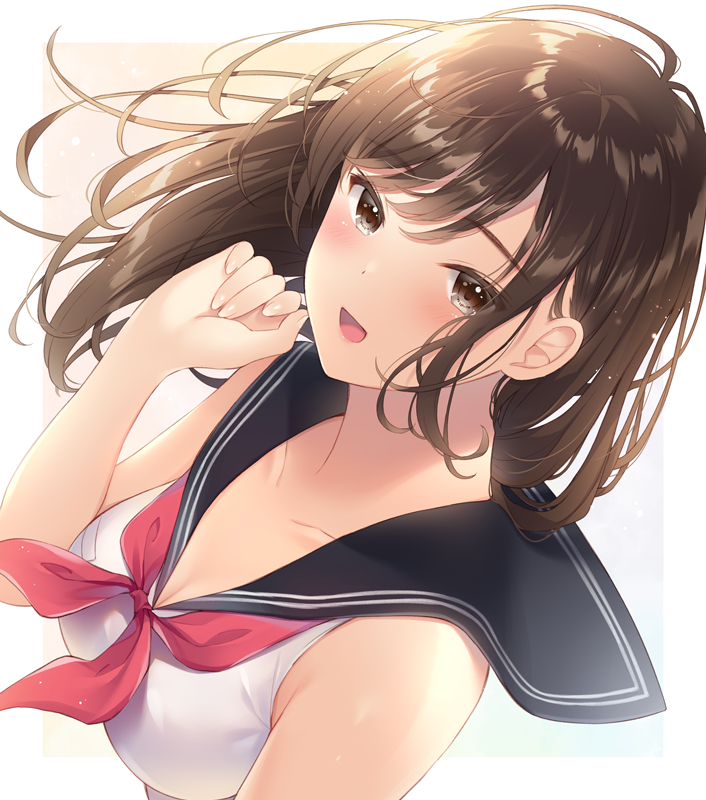 1girl :d bare_arms bare_shoulders black_sailor_collar blush breasts brown_eyes brown_hair cleavage collarbone commentary_request floating_hair hand_up light_particles long_hair looking_at_viewer medium_breasts neckerchief noda_shuha open_mouth original red_neckwear sailor_collar school_uniform serafuku shirt sleeveless sleeveless_shirt smile solo upper_body white_shirt