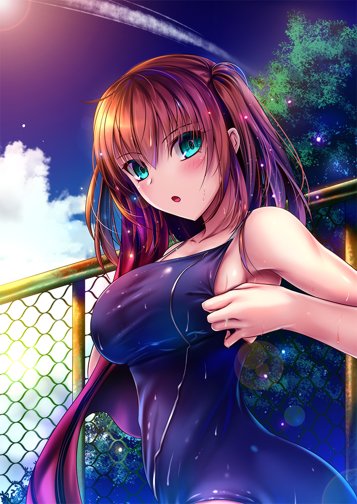 1girl akeyama_kitsune aqua_eyes blue_sky blue_swimsuit blush breasts brown_hair clouds day fence lens_flare long_hair looking_at_viewer outdoors school_swimsuit sky solo standing swimsuit tree twisted_torso wet