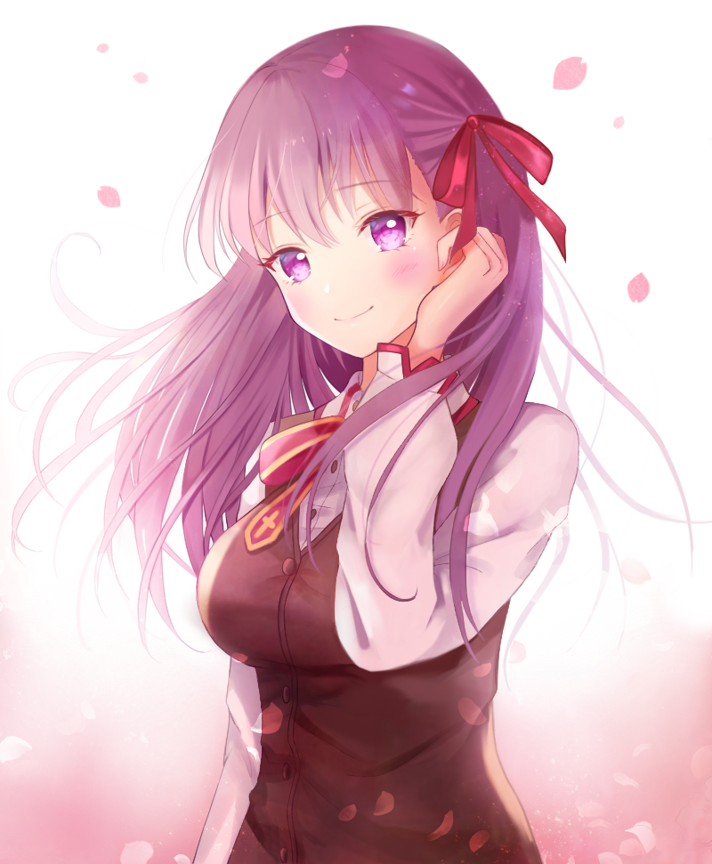 1girl bangs blush bow breasts brown_vest closed_mouth collared_shirt commentary_request dress_shirt eyebrows_visible_through_hair fate/stay_night fate_(series) gradient gradient_background hair_between_eyes hair_ribbon head_tilt homurahara_academy_uniform matou_sakura medium_breasts nasii petals pink_background purple_hair red_bow red_ribbon ribbon shirt smile solo striped striped_bow upper_body vest violet_eyes white_background white_shirt