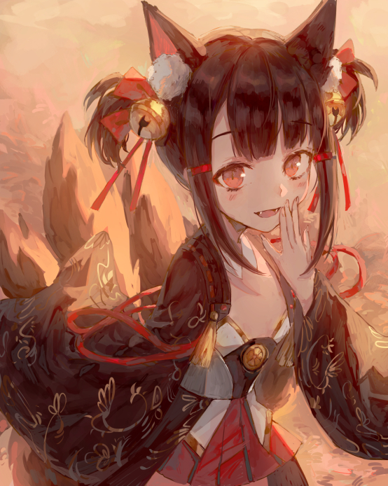 1girl akagi-chan_(azur_lane) akagi_(azur_lane) animal_ears azur_lane bangs brown_hair commentary fangs fox_ears fox_tail hand_to_own_mouth japanese_clothes kimono kyuubi long_sleeves looking_at_viewer multiple_tails open_mouth pleated_skirt red_eyes sakuramon saphira033 short_hair short_kimono short_twintails sidelocks skirt smile solo tail twintails wide_sleeves