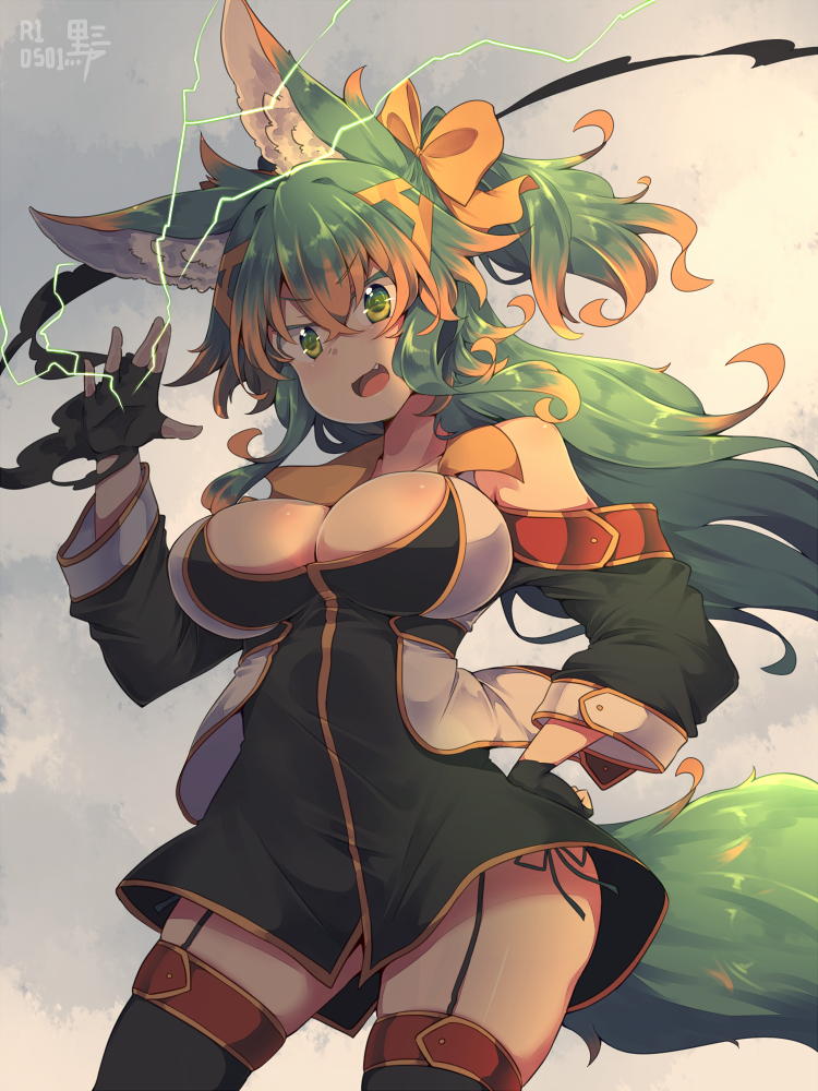 1girl animal_ears bangs black_legwear breasts brown_hair cleavage crossed_bangs electricity eyebrows_visible_through_hair fang fingerless_gloves garter_straps gloves green_eyes grey_background hair_between_eyes hand_on_hip kuromiya kuromiya_raika large_breasts long_hair looking_at_viewer multicolored_hair open_mouth original solo tail thigh-highs two-tone_hair