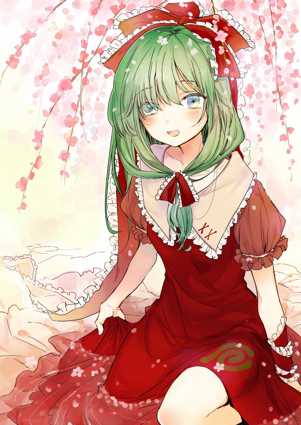 1girl :d commentary_request dress flower frilled_ribbon frilled_shirt_collar frilled_sleeves frills front_ponytail green_eyes green_hair hair_ribbon highres hinamatsuri kagiyama_hina long_hair looking_at_viewer open_mouth partially_submerged puffy_short_sleeves puffy_sleeves red_dress red_ribbon ribbon ryuuta_(akatukiryoka) short_sleeves sitting skirt_hold smile solo touhou tree_branch twitter_username water wrist_ribbon