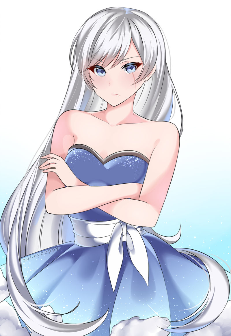 1girl alternate_hairstyle artist_name bangs bare_arms blue_background blue_dress blue_eyes blush collarbone crossed_arms dress frilled_dress frills frown gradient gradient_background hair_down lips long_hair looking_at_viewer rwby sash scar scar_across_eye sleeveless sleeveless_dress solo sparkle sunnypoppy very_long_hair weiss_schnee white_background white_hair white_sash