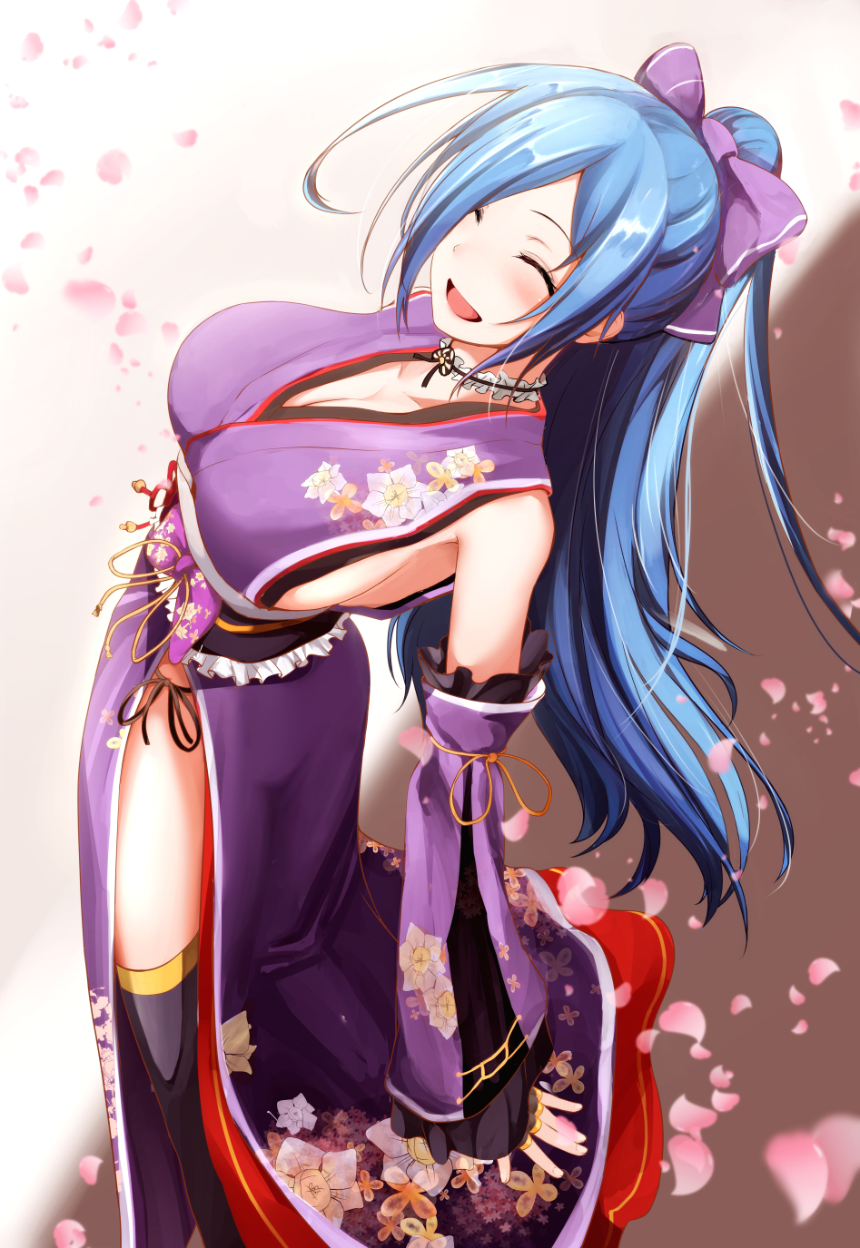 .live 1girl 8gou :d ^_^ armpits black_legwear blue_hair blush bow breasts closed_eyes closed_eyes detached_sleeves frilled_kimono frills hair_bow hair_over_one_eye high_ponytail highres japanese_clothes kimono large_breasts long_hair long_sleeves open_mouth ponytail purple_bow purple_kimono sideboob smile solo thigh-highs very_long_hair virtual_youtuber wide_sleeves yamato_iori