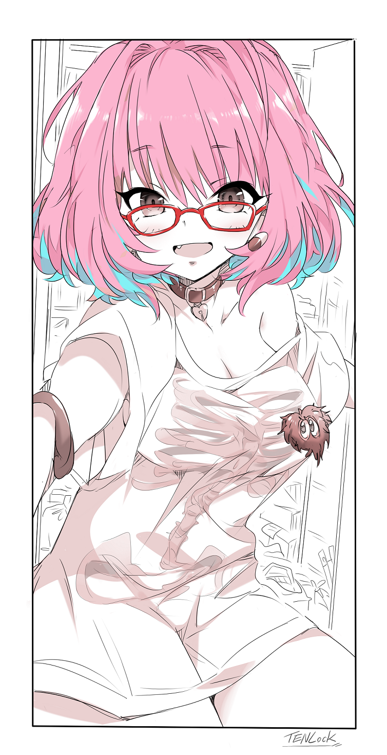 1girl ahoge alabaster_(artist) breasts cleavage collarbone commentary_request fang glasses highres idolmaster idolmaster_cinderella_girls looking_at_viewer monochrome multicolored_hair pink_hair sepia shirt short_hair short_sleeves solo t-shirt two-tone_hair yumemi_riamu