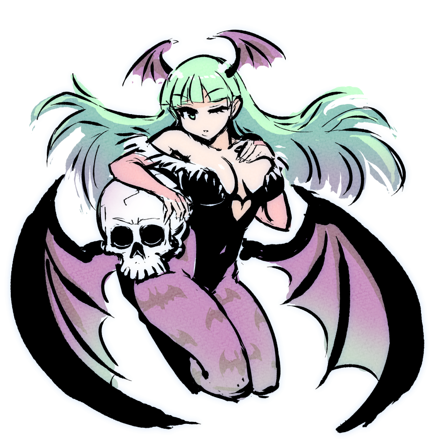 1girl akairiot animal_print bangs bat_print bat_wings black_leotard breasts bridal_gauntlets cleavage demon_girl full_body green_eyes green_hair hand_on_own_chest head_wings heart_cutout large_breasts legs_up leotard long_hair looking_at_viewer low_wings morrigan_aensland no_nose one_eye_closed pantyhose print_legwear purple_legwear simple_background skull solo succubus vampire_(game) white_background wings