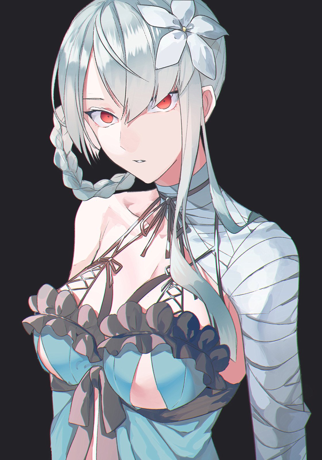 1girl artist_request asymmetrical_clothes asymmetrical_hair backless_outfit bandage bandaged_arm bandaged_leg bandaged_neck bandages braid flower hair_flower hair_ornament highres kaine_(nier) lingerie long_hair looking_at_viewer negligee nier nier_(series) silver_hair simple_background solo thigh_strap underwear