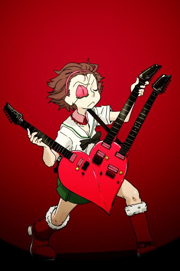 1girl black_neckwear blouse boots bow bowtie brown_hair closed_eyes closed_mouth commentary_request detached_collar double_neck_guitar electric_guitar eyepatch facing_viewer food frown fruit full_body fur-trimmed_boots fur_trim girls_und_panzer gradient gradient_background green_skirt guitar hair_pulled_back hairband heart heart_guitar holding holding_instrument instrument knee_boots leaning_forward miniskirt momogaa ooarai_school_uniform peach pink_collar pink_hairband pleated_skirt red_background red_footwear rosmino school_uniform serafuku short_hair short_sleeves skirt solo standing white_blouse
