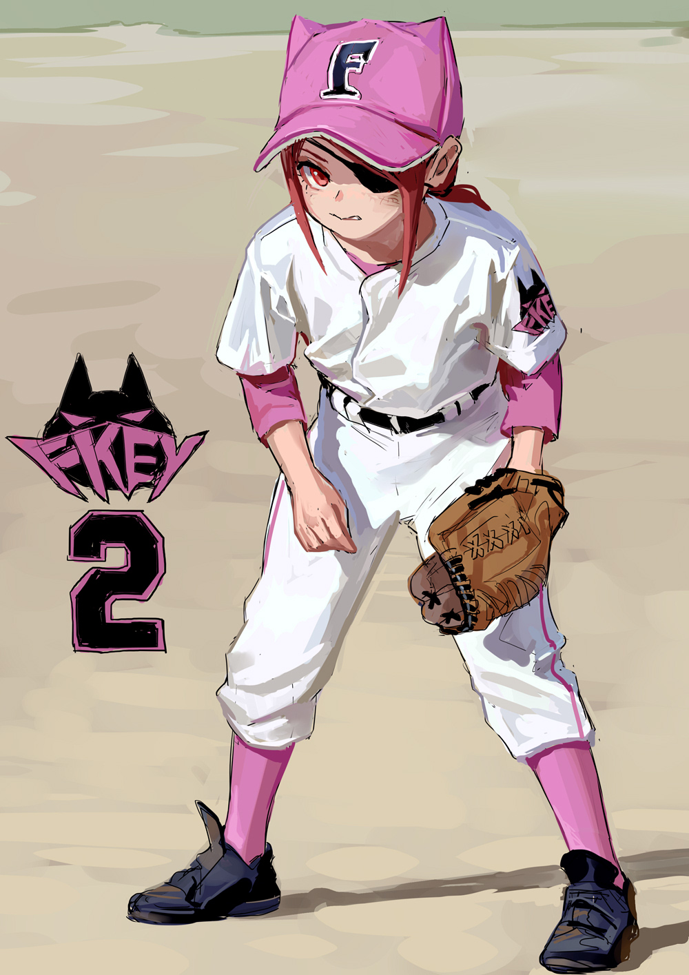 1girl 2 baseball_cap baseball_glove baseball_uniform belt black_footwear eyepatch fkey full_body hat highres long_hair looking_at_viewer original outdoors pants parted_lips pink_headwear pink_legwear red_eyes redhead shirt shoes solo sportswear standing white_pants white_shirt