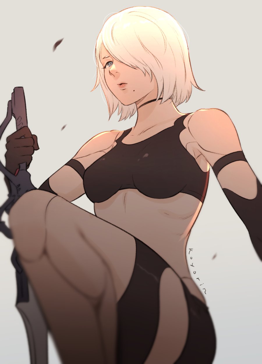 1girl android armlet black_gloves black_shorts black_tank_top breasts elbow_gloves english_commentary gloves hair_over_one_eye highres holding holding_sword holding_weapon koyorin medium_breasts midriff mole mole_under_mouth nier_(series) nier_automata parted_lips pink_lips robot_joints short_hair short_shorts shorts silver_hair simple_background solo sword tank_top weapon yorha_type_a_no._2