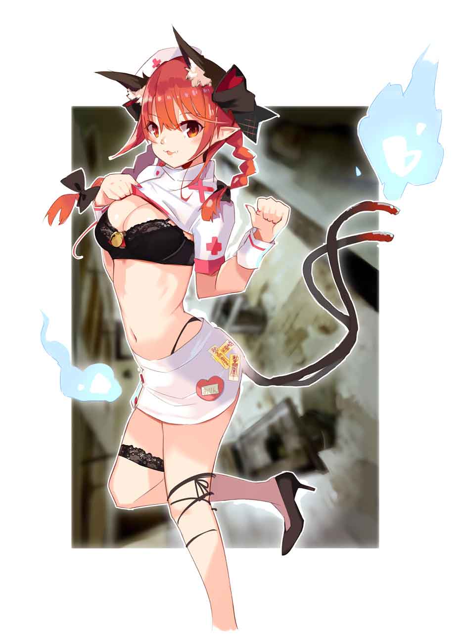 1girl :3 alternate_costume animal_ear_fluff animal_ears bangs bare_legs bell black_bow black_bra black_footwear black_panties black_ribbon bow bra braid breasts cat_ears cat_tail clenched_hand commentary_request eyebrows_visible_through_hair fang feet_out_of_frame fingernails flush hair_between_eyes hair_bow hand_up hat heart high_heels highleg highleg_panties highres hitodama jingle_bell kaenbyou_rin large_breasts leg_ribbon lifted_by_self long_hair looking_at_viewer miniskirt multiple_tails nail_polish navel nekomata nurse nurse_cap panties parted_lips pencil_skirt pointy_ears red_cross red_eyes red_nails redhead ribbon sharp_fingernails shirt shirt_lift short_sleeves skirt solo standing standing_on_one_leg stomach tail tetsurou_(fe+) thigh_strap thighs touhou twin_braids twintails two_tails underwear white_background white_shirt white_skirt wrist_cuffs