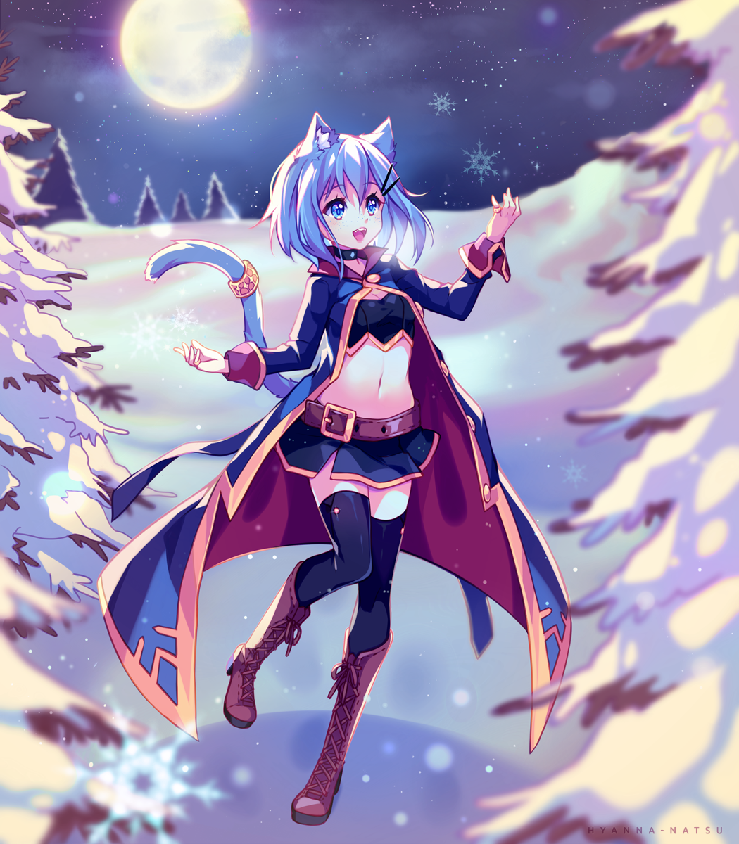 1girl animal_ears artist_name belt black_legwear black_skirt black_tank_top blue_coat blue_hair boots breath brown_footwear cat_ears cat_tail choker coat commission freckles full_body full_moon hair_ornament hairclip highres hyanna-natsu jewelry knee_boots midriff miniskirt moon navel night night_sky open_mouth original outdoors ring short_hair skirt sky smile snow solo star_(sky) tail tail_ornament tail_ring tank_top thigh-highs tree